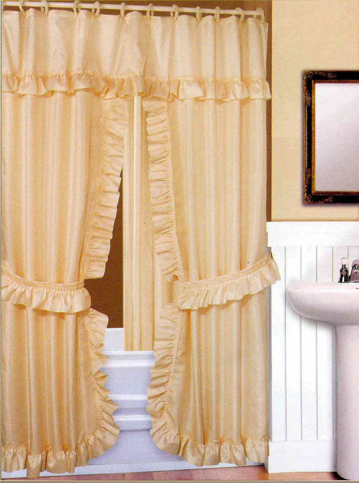 DOUBLE SWAG FABRIC SHOWER CURTAIN, LINER, RINGS, DOBBY DOT DESIGN