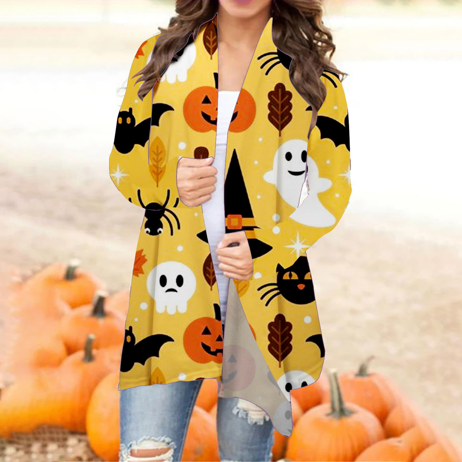 Halloween Women/'s Cardigan Long Sleeve Draped Sweater Blouse Pumpkin Print Tops