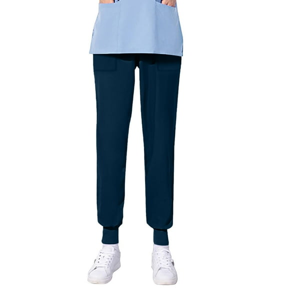 Xfvqtps Jogger Scrub Pants for Women Stretch Elastic Waist Yoga Scrub Bottoms Loose Nursing Pants Solid Color Straight Protective Pants Working Uniform Pants with Pockets Blue