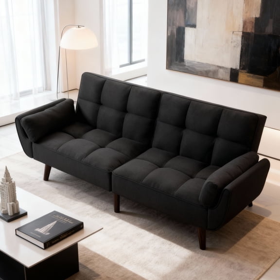 Gewnee Black 75.2” Twin-Size Futon Sofa Bed, Linen Upholstered 3-Position Adjustable Split Back for Home & Office