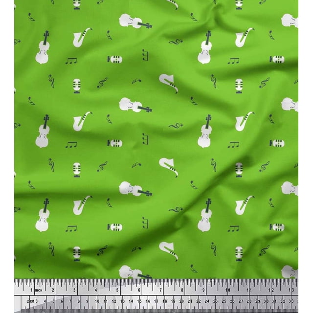 Soimoi Rayon Crepe Fabric Notes,Guitar & Saxophones Musical Instrument Printed Fabric 1 Yard 46 Inch Wide