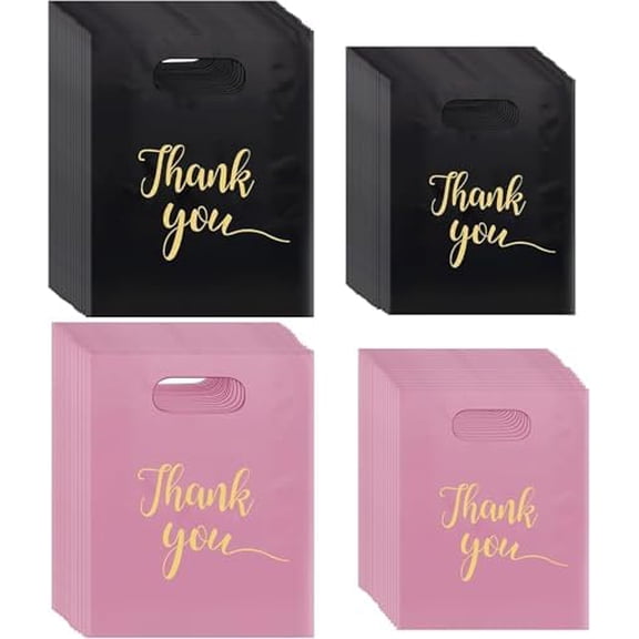 100pcs Thank You , Shopping Bags with Handles Plastic Gift Bags Bulk Retail Goodie Boutique Bag for Party, Clothes, Business, Trade Stores Pink & Black, 12 x 15inch, 9 x 12inch$$