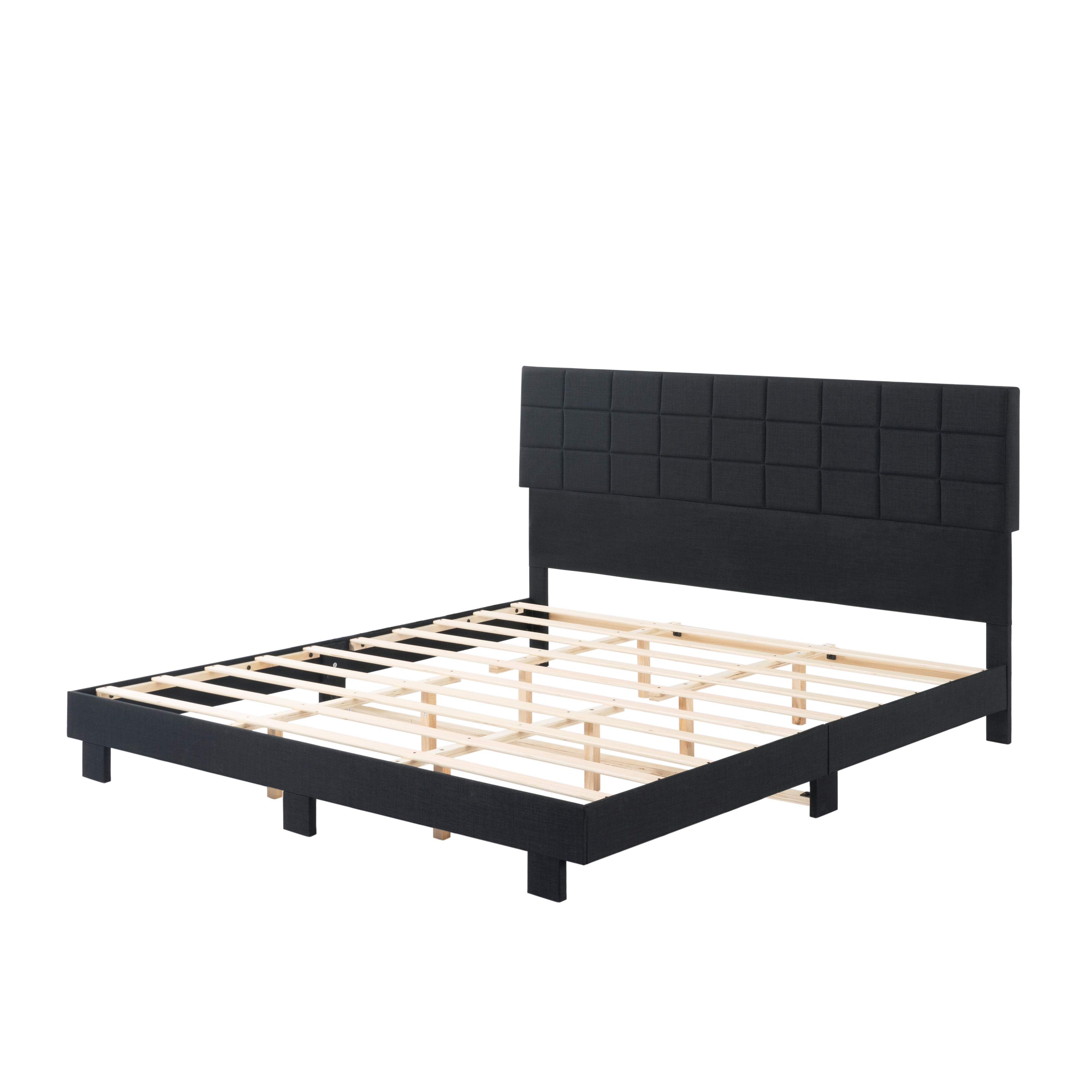 Gewnee King Size Platform Bed Frame with Linen Upholstered Headboard, Wood Slats, No Box Spring Needed, Black