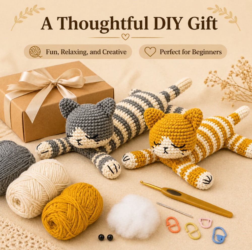 2 Pack Sleeping Cat Crochet Kit for Beginners, Cat Amigurumi Starter Set with Step by Step Video Tutorial, TIKA
