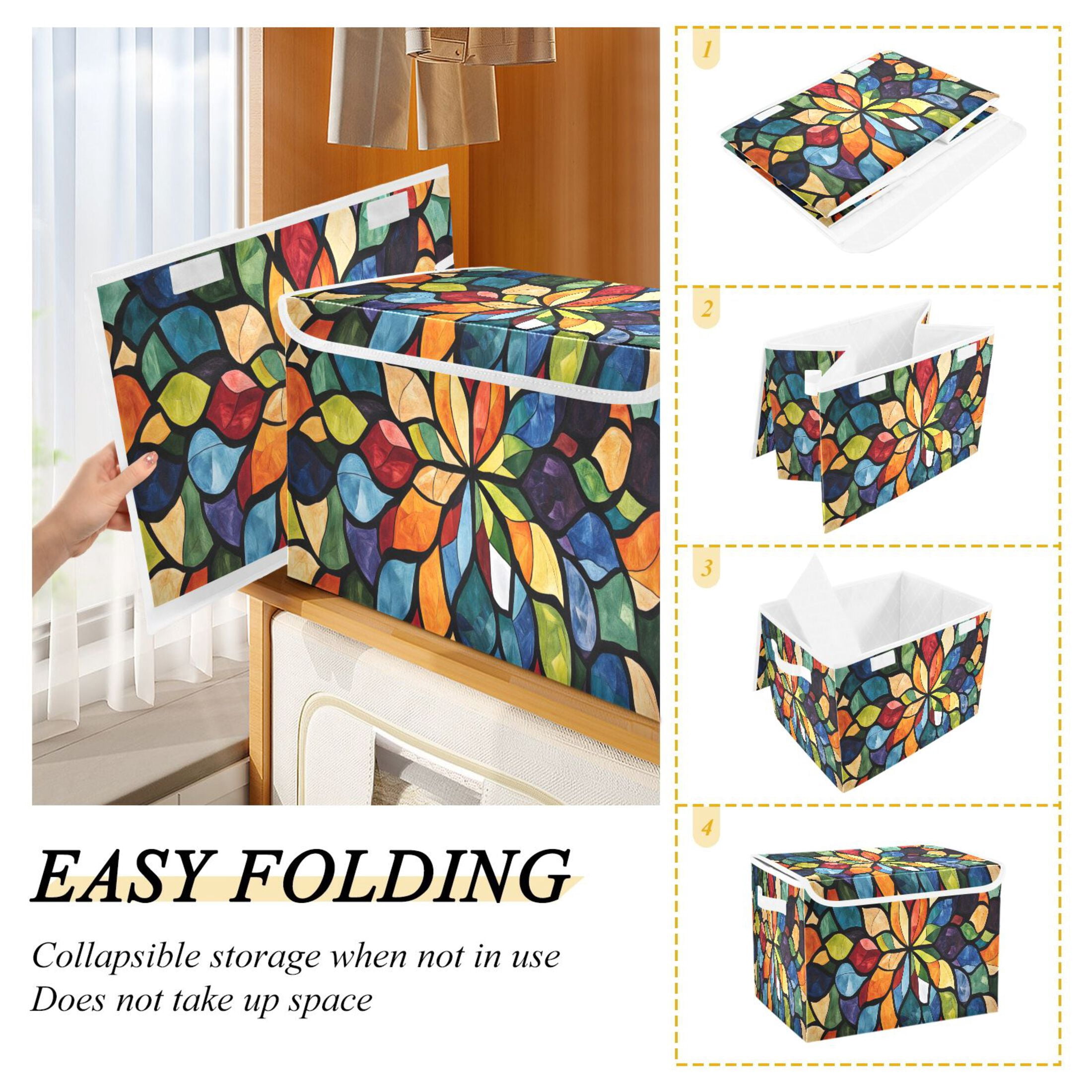 Ryvnso Boho Flower Style Large Lidded Foldable Storage Baskets Cubes Boxes Lids Bin for Home