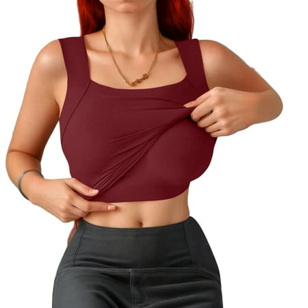Tank Tops for Women 2025 Built In Bra U-Neck Tummy Control Tank Breathable Thermal Camisole Babydoll Sports Body Shaper Wine XXL