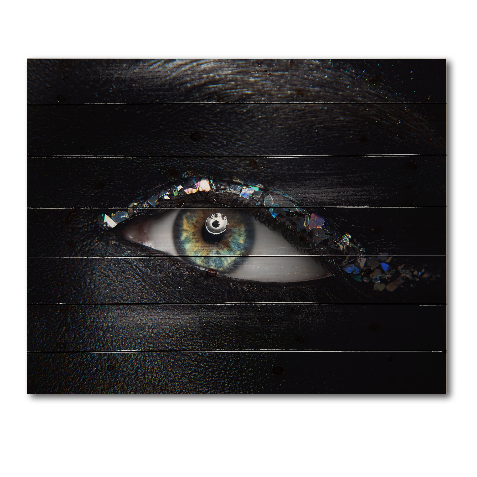 Designart 'Girl Eyes With Multi-Colored Glass Sparkles' Modern Print on Natural Pine Wood