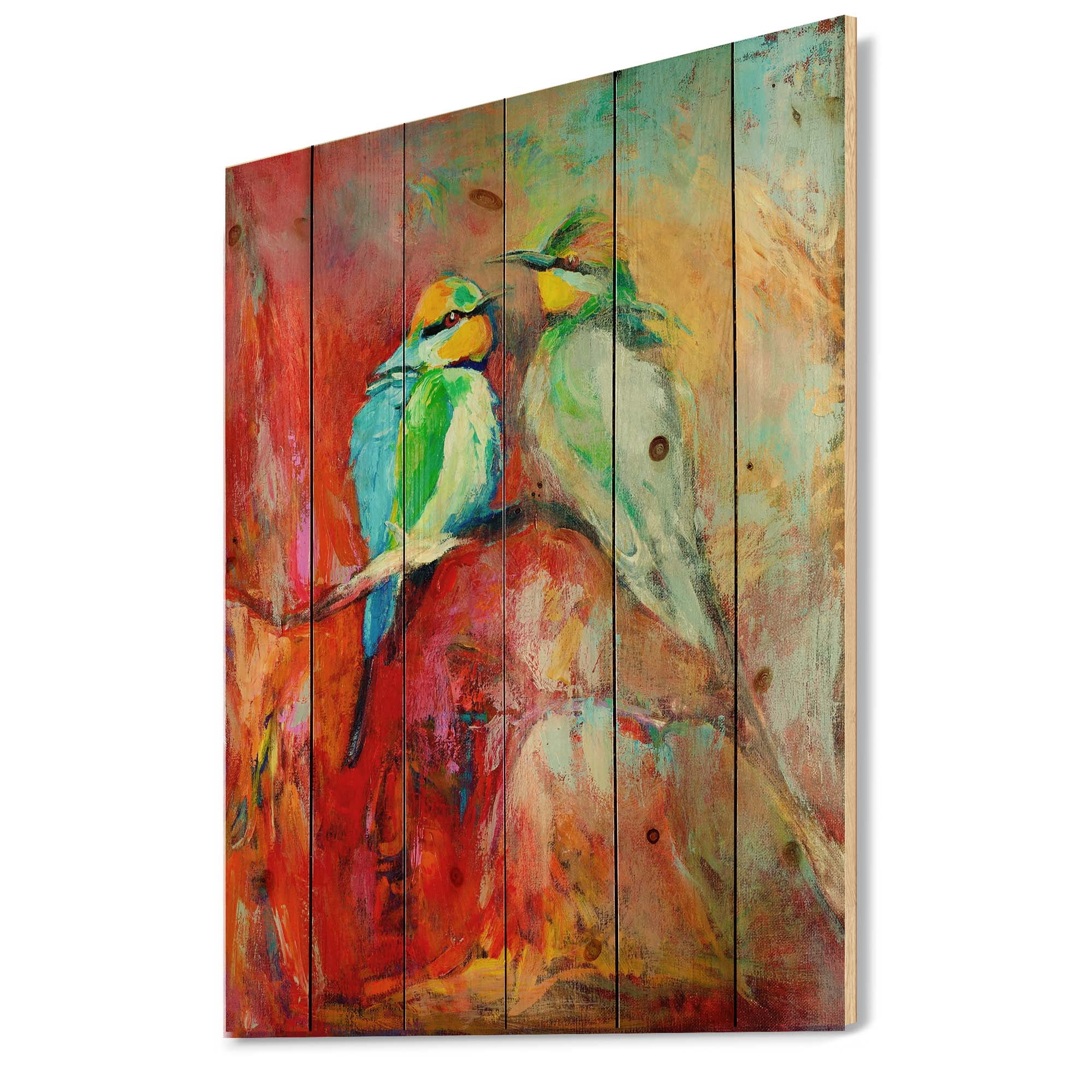 Designart 'Blue Tailed Bee Eaters Sitting On A Branch' Nautical & Coastal Print on Natural Pine Wood