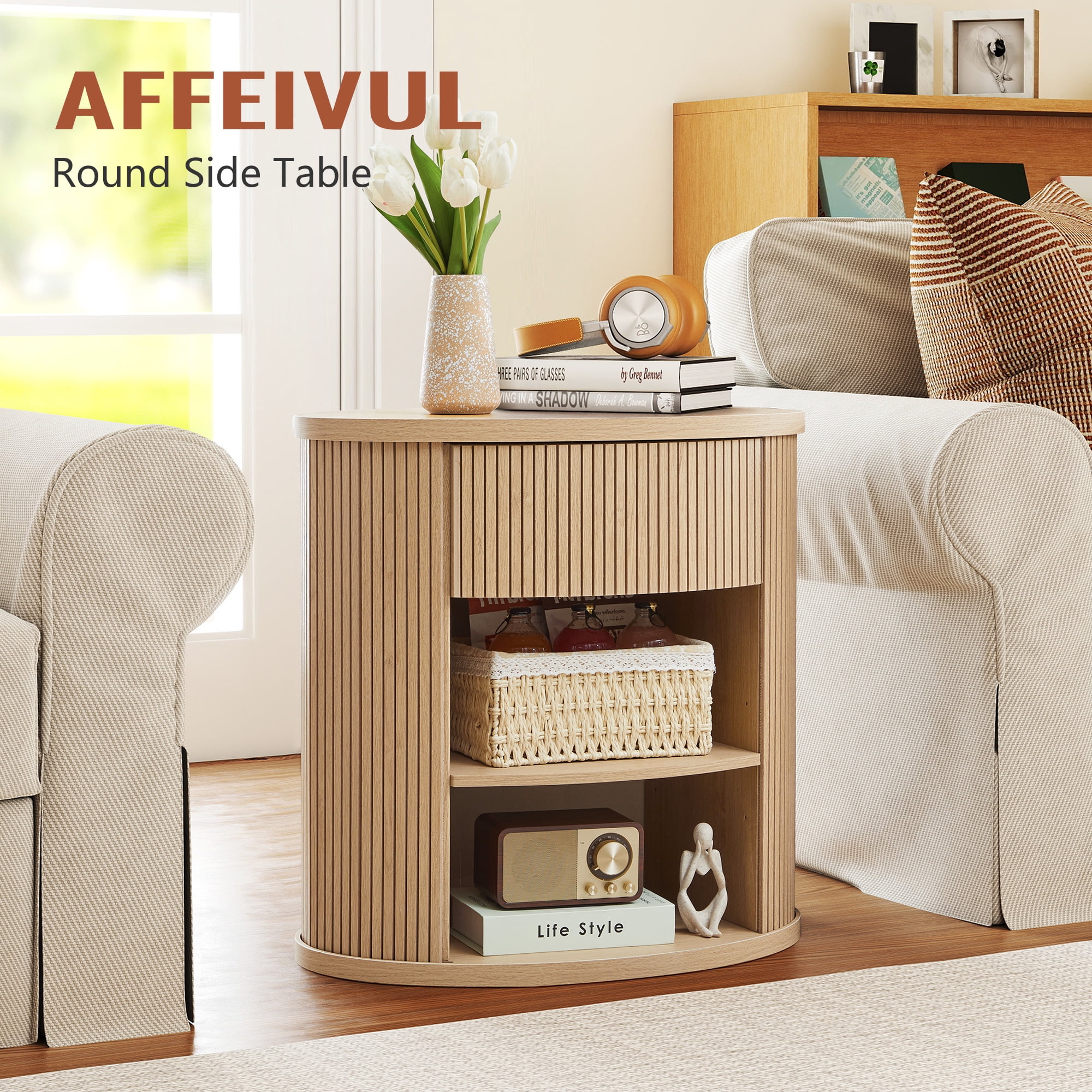 YOCWO Oval Nightstand with 1 Drawer and Adjustable Shelf for Bedroom with Carved Line Design, Round End tables for Living Room, Natural