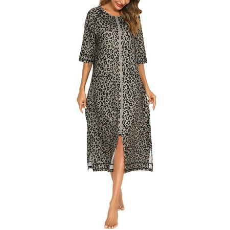 

Capreze Women Leopard Print Sleep Dress Long Coat Zipper Nightgown Home Nightwear Pockets Housedress