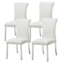 Leovanni Set of 4 Velvet Dining Chairs, Channel Tufted High Back, Silver Metal Legs, White Fabric