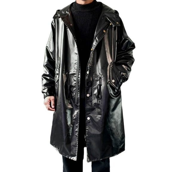 Aihuaihua Men's Windbreaker Jacket with Hood Long Waterproof Anorak Lightweight Long Reflective Stage Performance Trench Coat Outerwear Evening Show Outdoor Hiking Jackets Black XXXL
