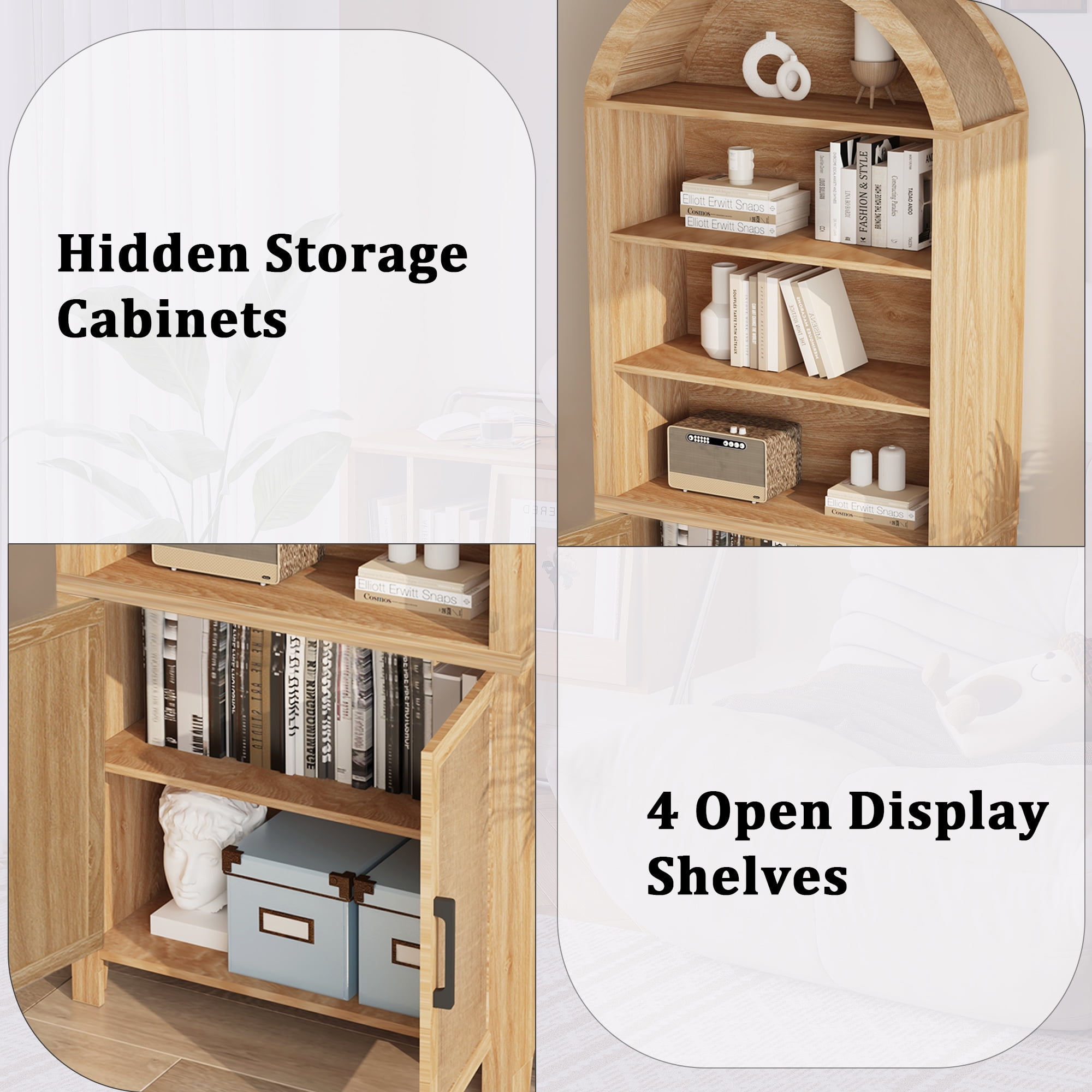 LEFHDA 2PCS 71" Tall Bookshelf, Arched Bookcase with Doors, Mid-Century Modern 6-Tier Bookshelf with Storage, Rattan Open Display Storage Shelf Bookshelf for Living Room Bedroom & Classroom(Oak)