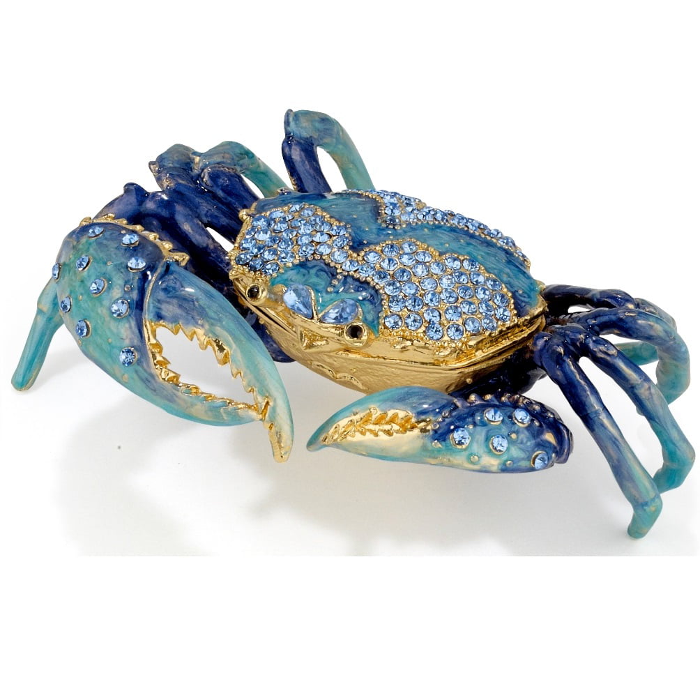 Large Blue Crab Bejeweled Enamel Jewelry Trinket Keepsake Box Container  Animal 