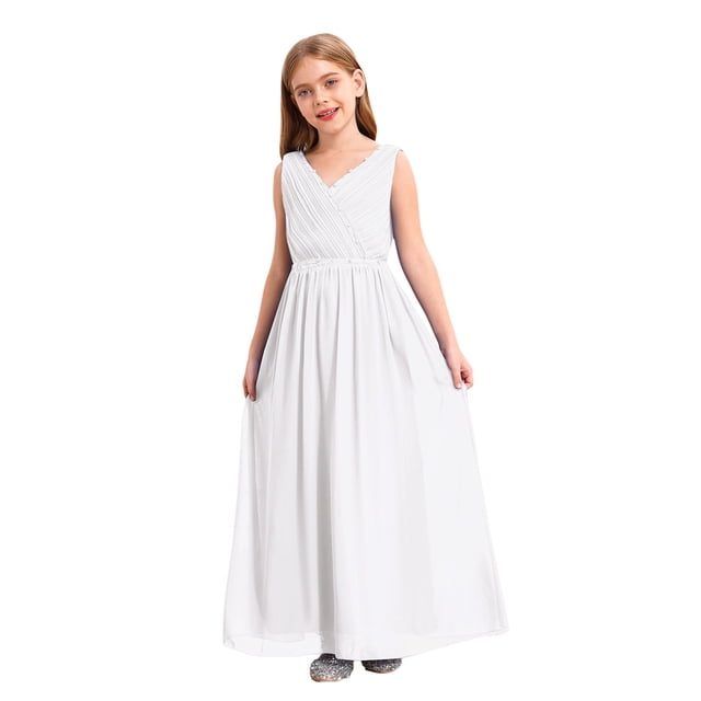 Miaeowve Robe de Demoiselle d'Honneur pour Fille Sans Manches en Mousseline Perlée, Robe de Demoiselle d'Honneur Junior, Robe de Fête de Mariage pour Filles, Blanc 10