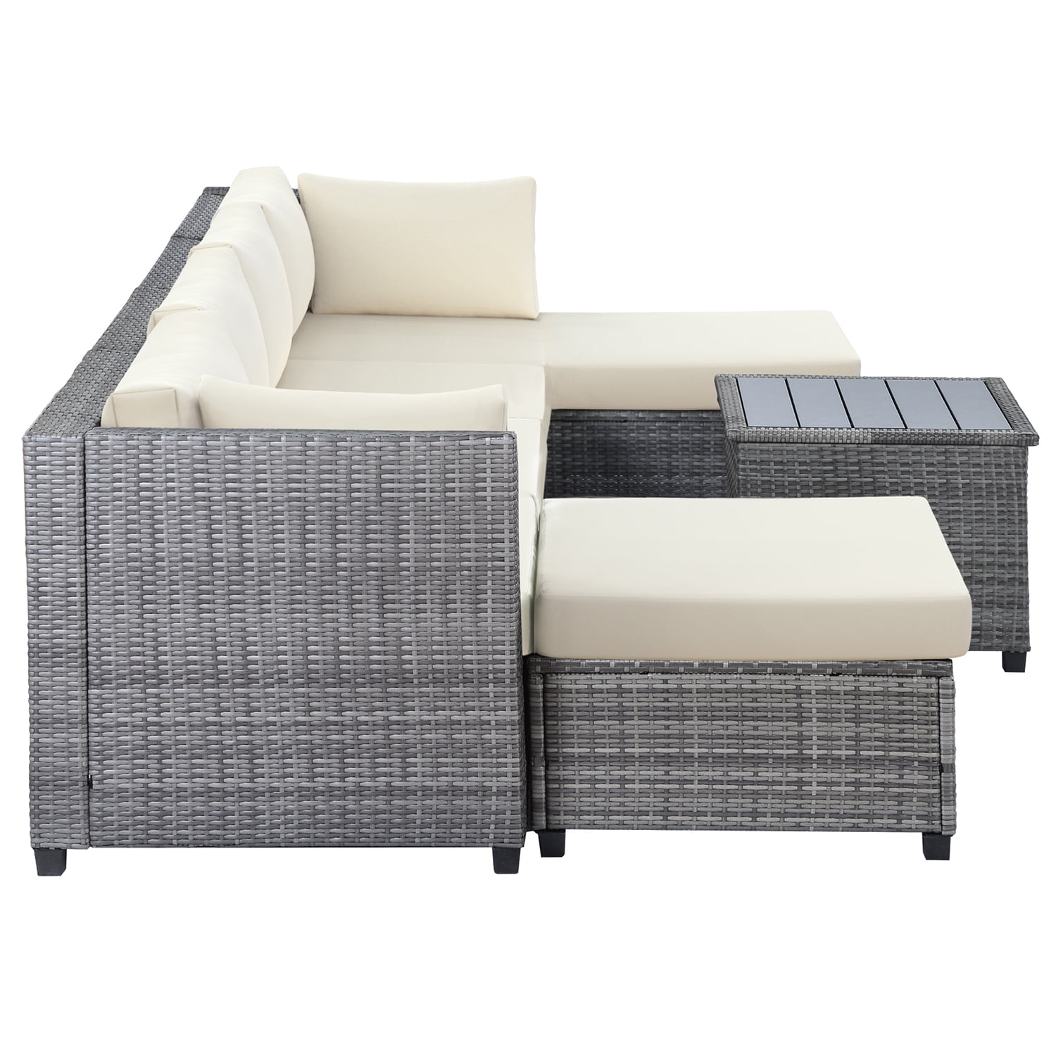 Kadyn 7 Piece Rattan Sectional Seating Group, Outdoor Conversation Sofa Set, Outdoor Ratten Sofa NEW with Cushions and Table, Beige