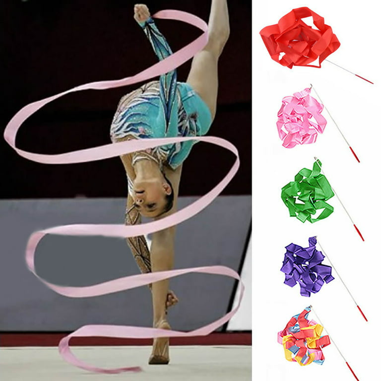 Kaiyuan Dynasty Dance Ribbons Rainbow Streamers Rhythmic Gymnastics Ribbon Baton Twirling Wands on Sticks 2pc for Kids Artistic Dancing