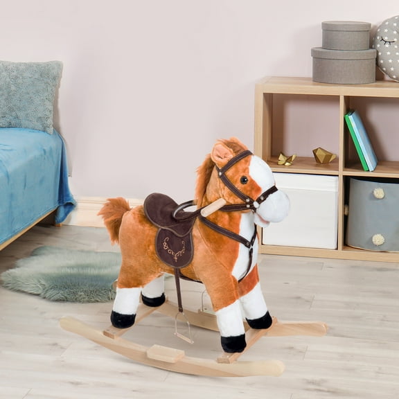 Qaba Kids Plush Toy Rocking Horse Ride on with Realistic Sounds - Brown