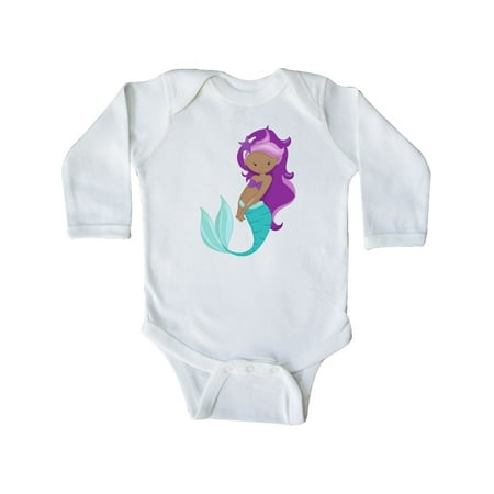 

Inktastic African American Mermaid Purple Hair Sea Star Gift Baby Girl Long Sleeve Bodysuit