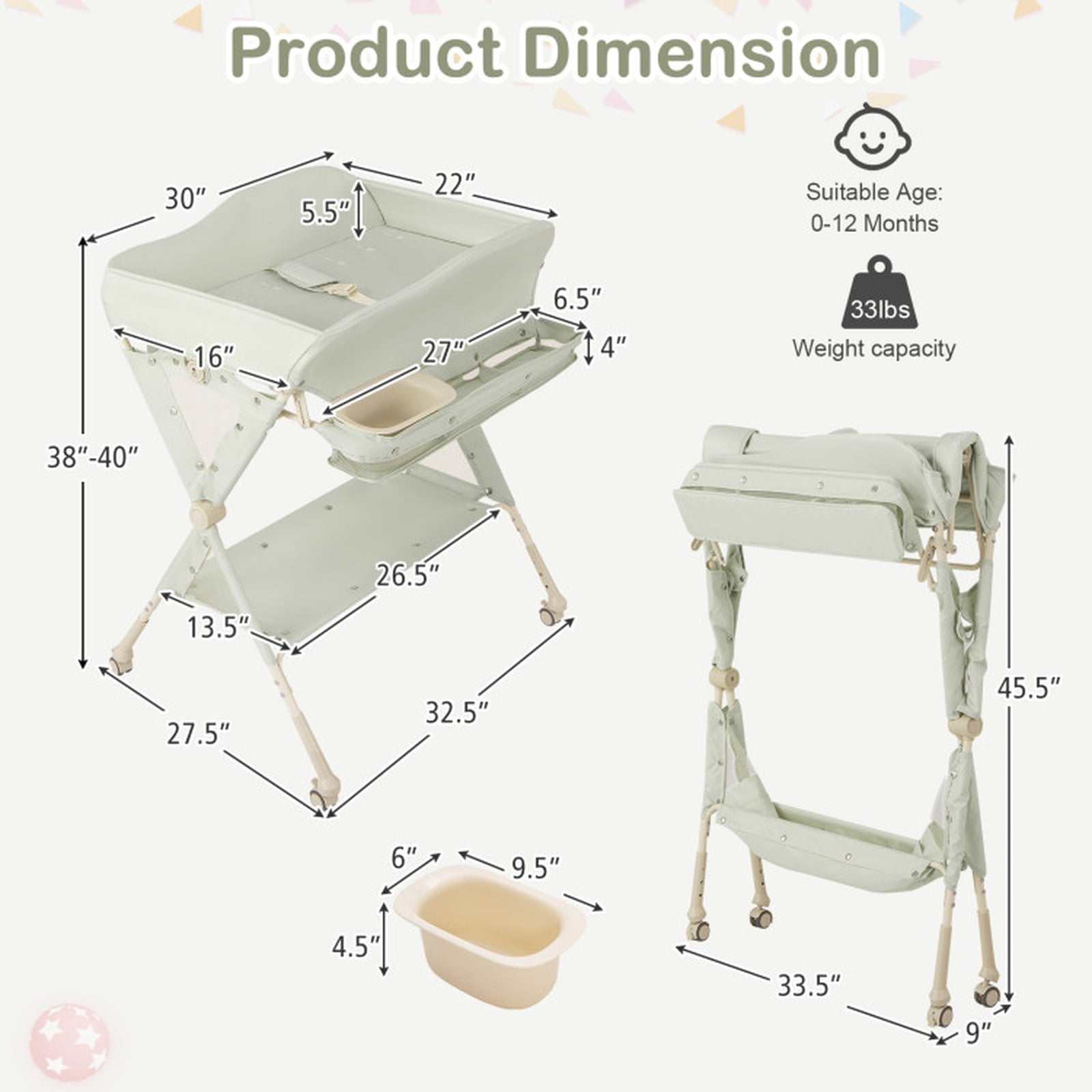 Furnibear Portable Changing Table with Water Basin 3 Adjustable Heights Foldable Metal Frame 4 Lockable Casters and Multi Tier Storage, Green