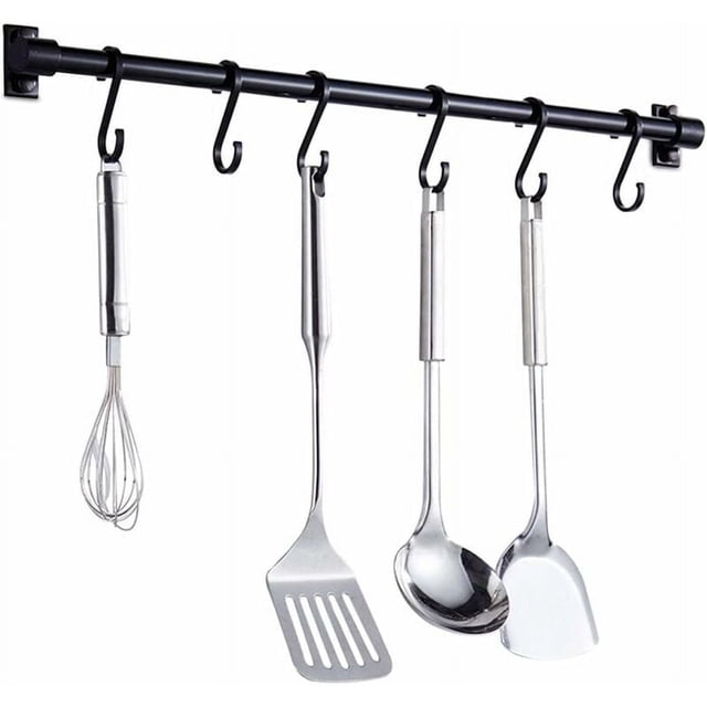 Barra de pared para utensilios de cocina, 40 cm, con 6 ganchos extraíbles, soporte para estante de pared para utensilios de cocina (negro)