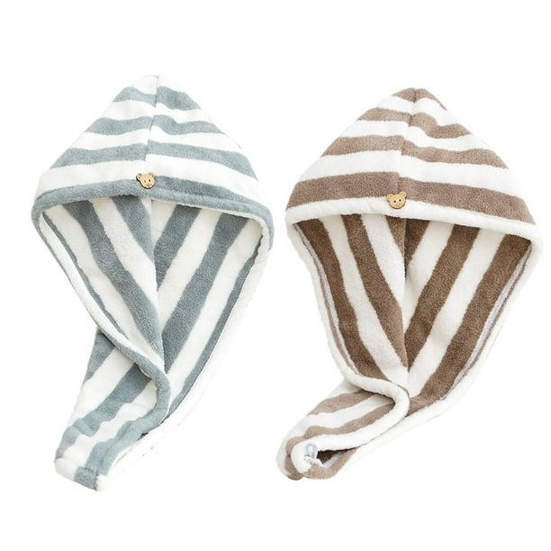 Paquete de 2 toallas turbante de microfibra para el cabello, toalla de secado rápido para secar el cabello, turbante absorbente a rayas para secar la cabeza.