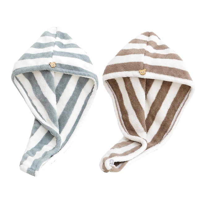 Paquete de 2 toallas turbante de microfibra para el cabello, toalla de secado rápido para secar el cabello, turbante absorbente a rayas para secar la cabeza.