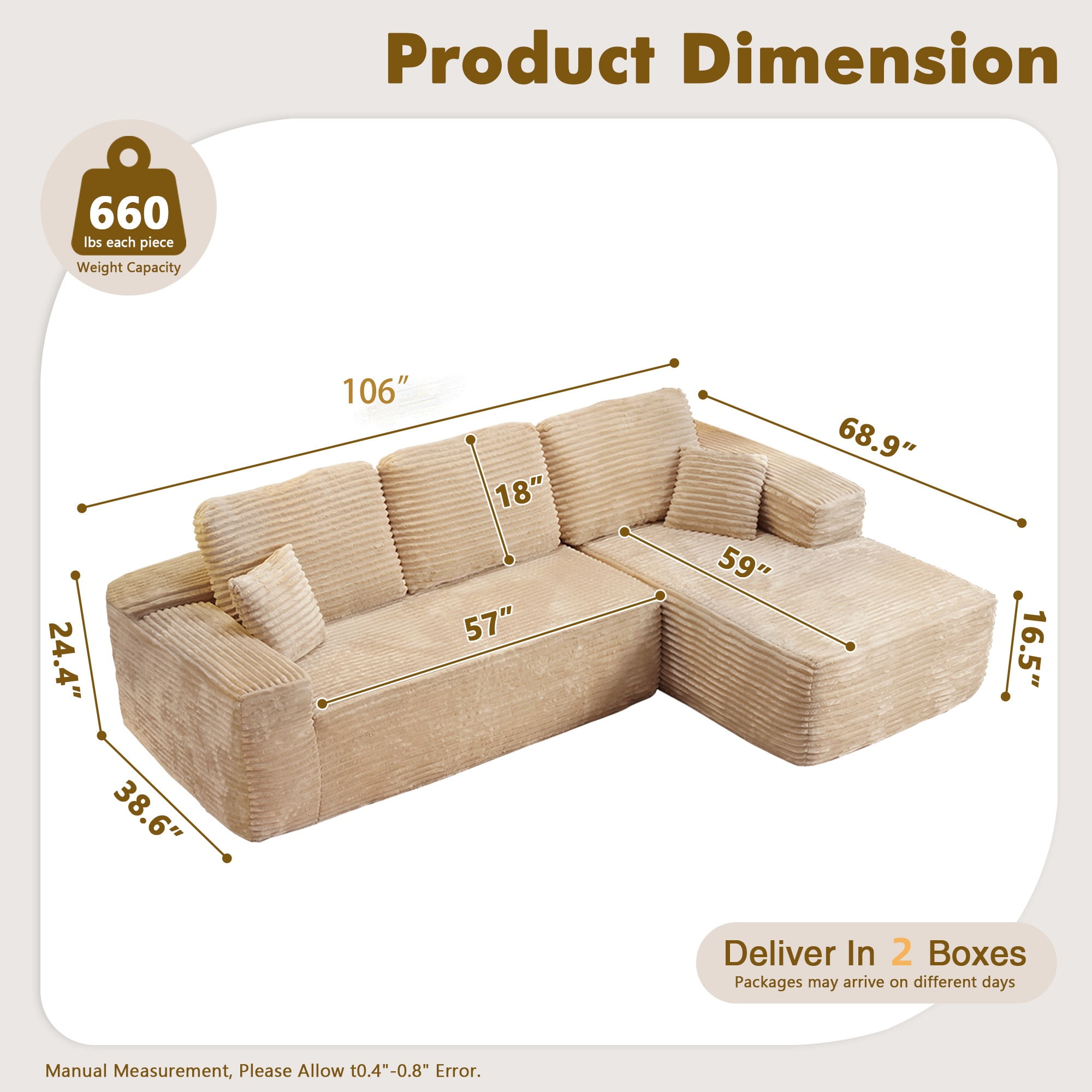 Vcatnet 106" Modular Sectional Sofa Couch Plush Corduroy Cloud Couch L Shaped Modern Minimalist Couch with Chaise for Living Room, Beige