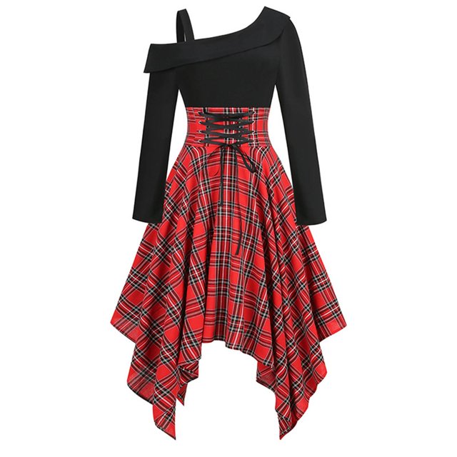 Pompotops Robe Rétro à Manches Longues Col Rond Taille Haute Style Gothique en Solde