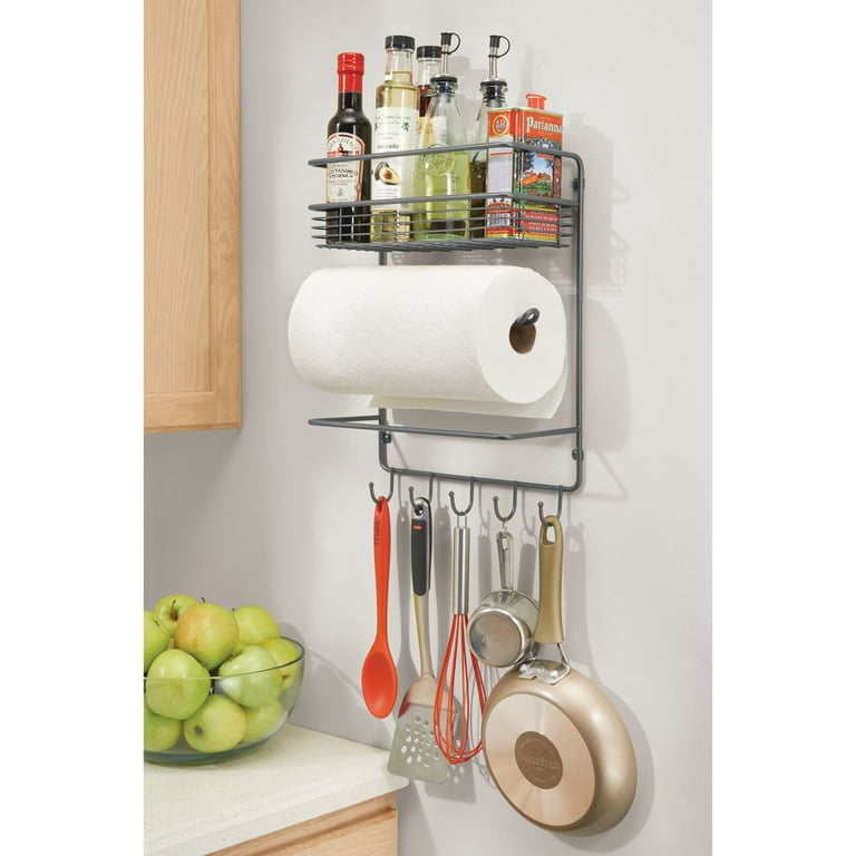 mDesign Metal Wall Mount Paper Towel Holder with Storage Shelf and Hooks  for Kitchen, Pantry, Laundry, Garage Organization - Holds Spices,  Seasonings