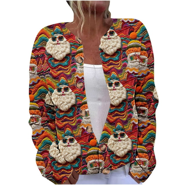 Lovzfmll Cardigan de Noël pour Femmes, Manches Longues Imprimé Ajouré Veste Décontractée Rouge, G