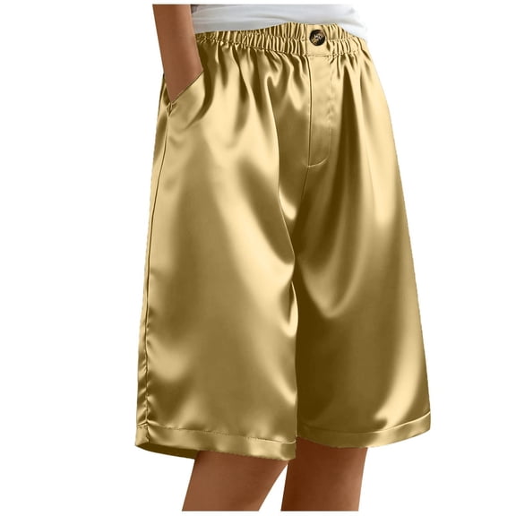 Wyobmus Womens Summer Satin Shorts Solid Color Loose Straight Leg Side Pockets 5" Shorts Elegant and Chic Lounge Bottoms Brown