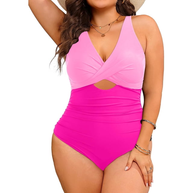 GFDYREE Women Plus Size One Piece Swimsuits V Neck Tummy Control Bathing Suits Front Cross Swimwear