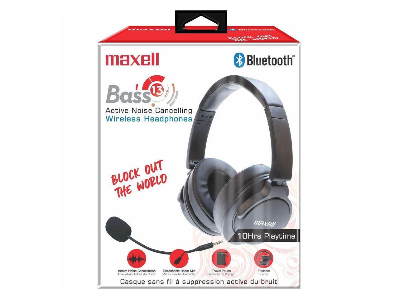 Maxell Bass 13 Active Noise Cancellation Wireless Headphones with Boom MIC, Black