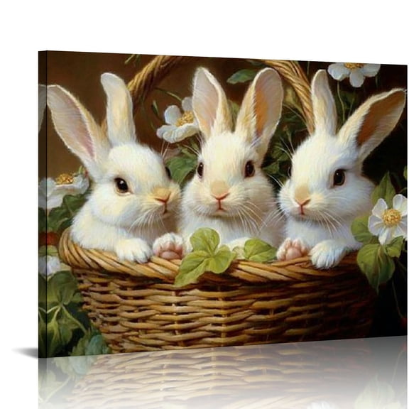 BCIIG Vintage Rabbit Canvas Wall Art Bunny with Flowers Picture Country Animal Prints Vintage  Painting Cute Bunny Pictures Moody Animal Artwork Vintage Bunny Art Prints for Walls  20x16in