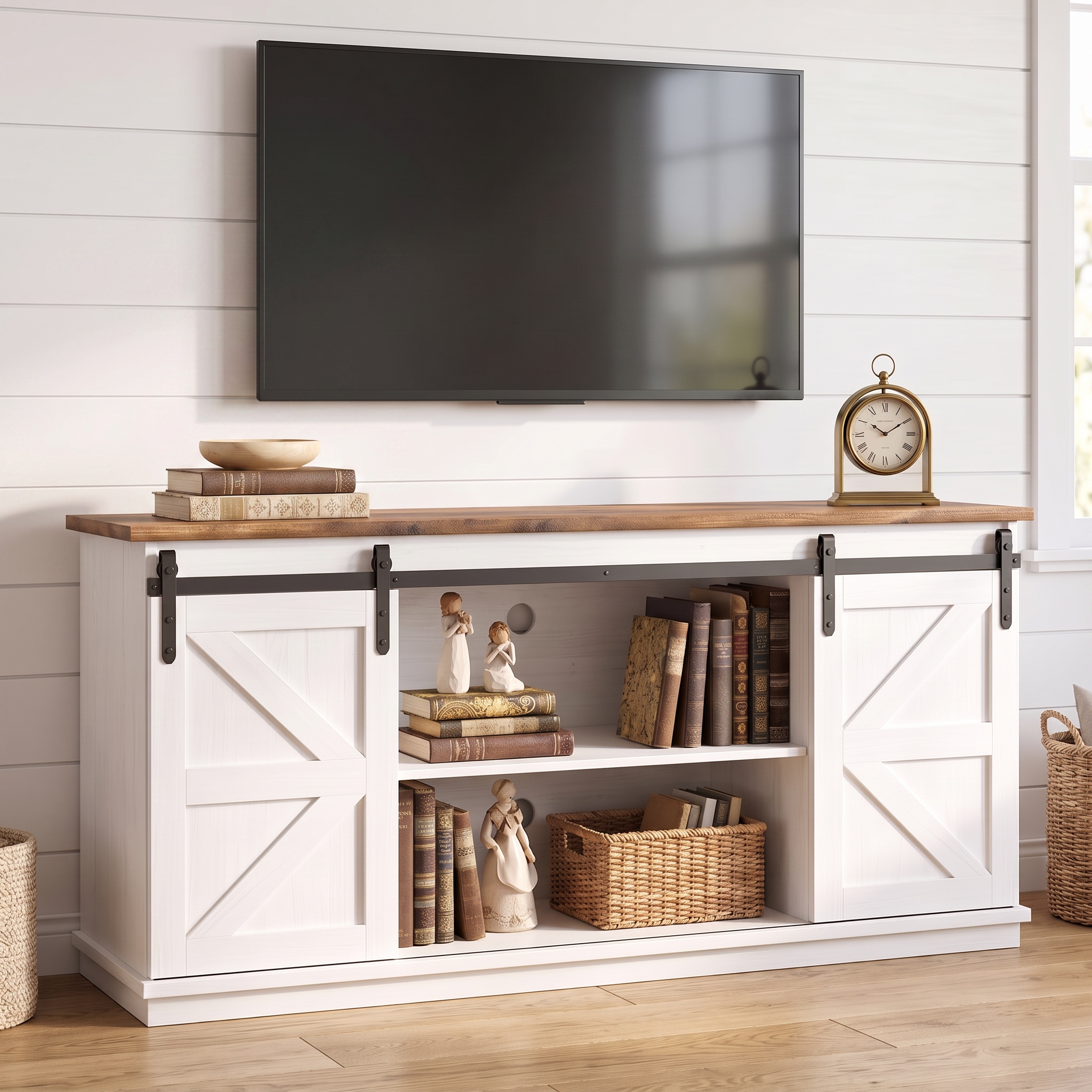 Homall Farmhouse TV Stand for 65 inch TVs with Sliding Barn Doors, White photo 2