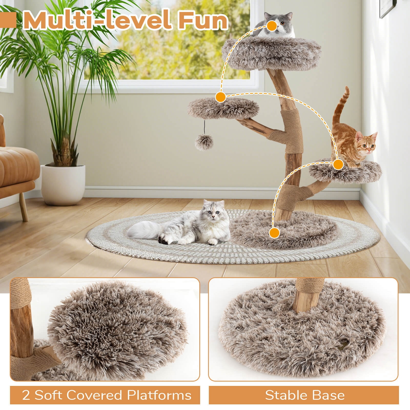 Costway Modern Cat Tree with Pear Wood Trunks Scratching Posts Soft Long Plush Fabric