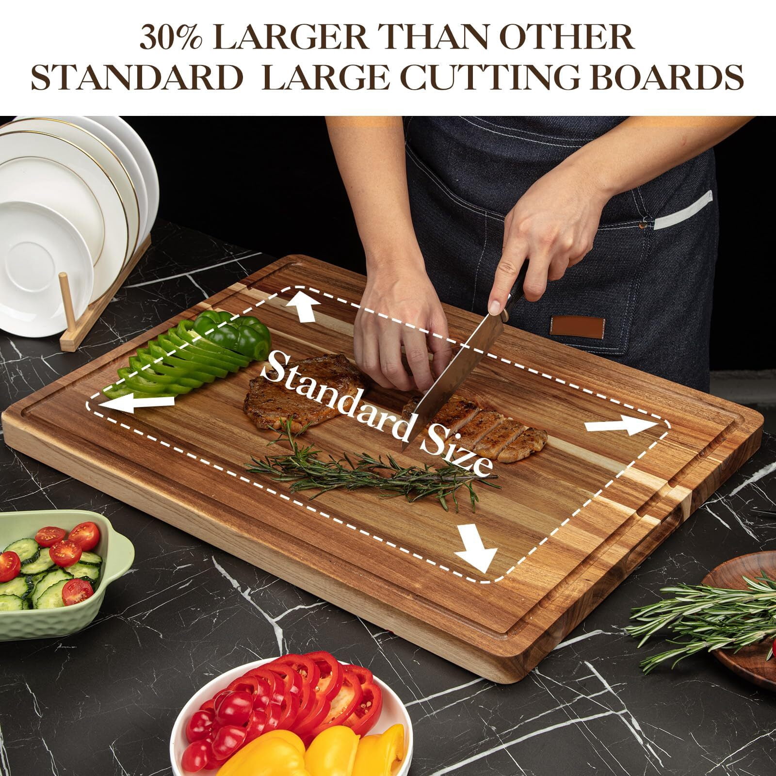 EuKer Large Acacia Cutting Board, 24" x 18" Solid Wood Butcher Block with Side Handles for Kitchen