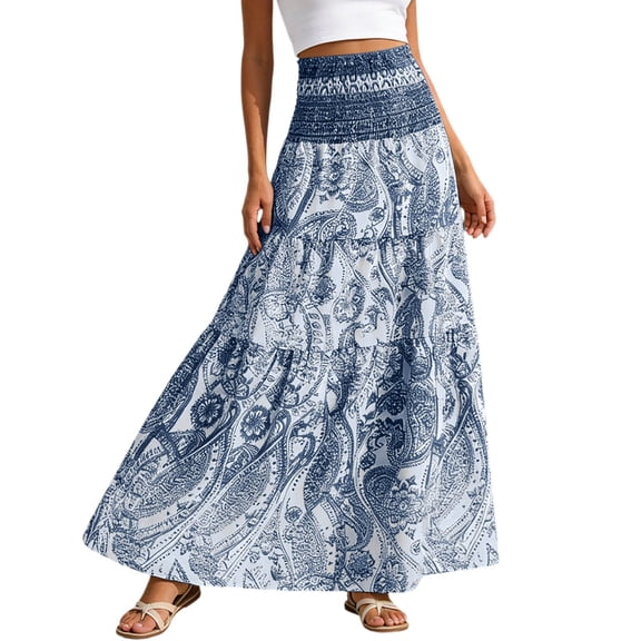 DHFJKG Bohemian Long Skirts For Women High Waisted Flowy A-Line Maxi Skirts Summer Beach Vacation Clothes Stylish Skirt