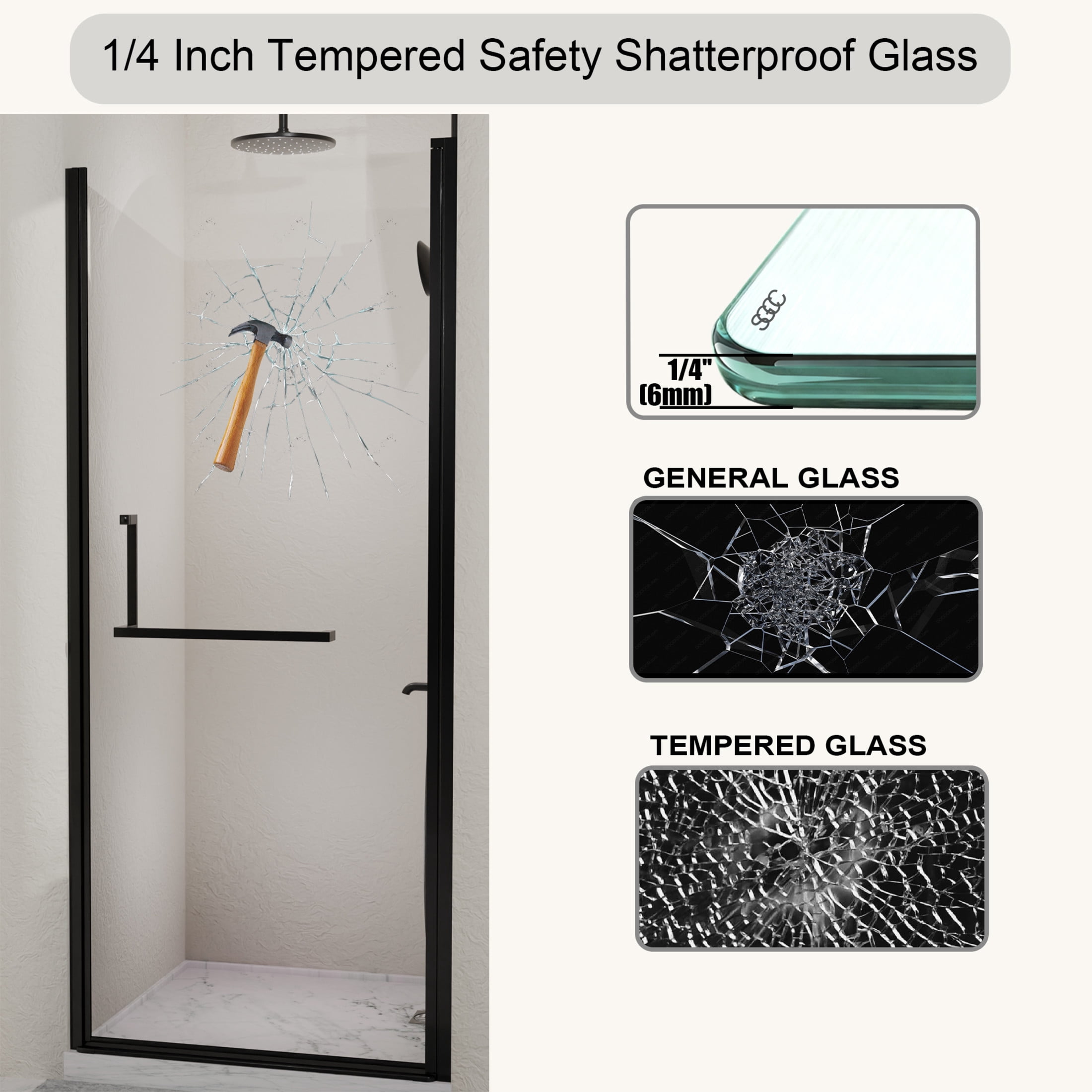 Noble House 29" Semi-Frameless Pivot Shower Door, Tempered Clear Glass, Reversible Adjustable Width, Matte Black