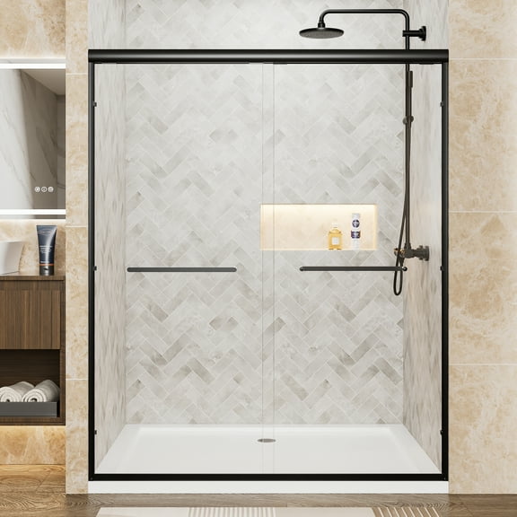 60" W x 72" H Matte Black Aluminum Frame Double Sliding Shower Door, 1/4" (6mm) Clear Tempered Glass With Explosion-proof Film, Dual Stainless Steel Handles