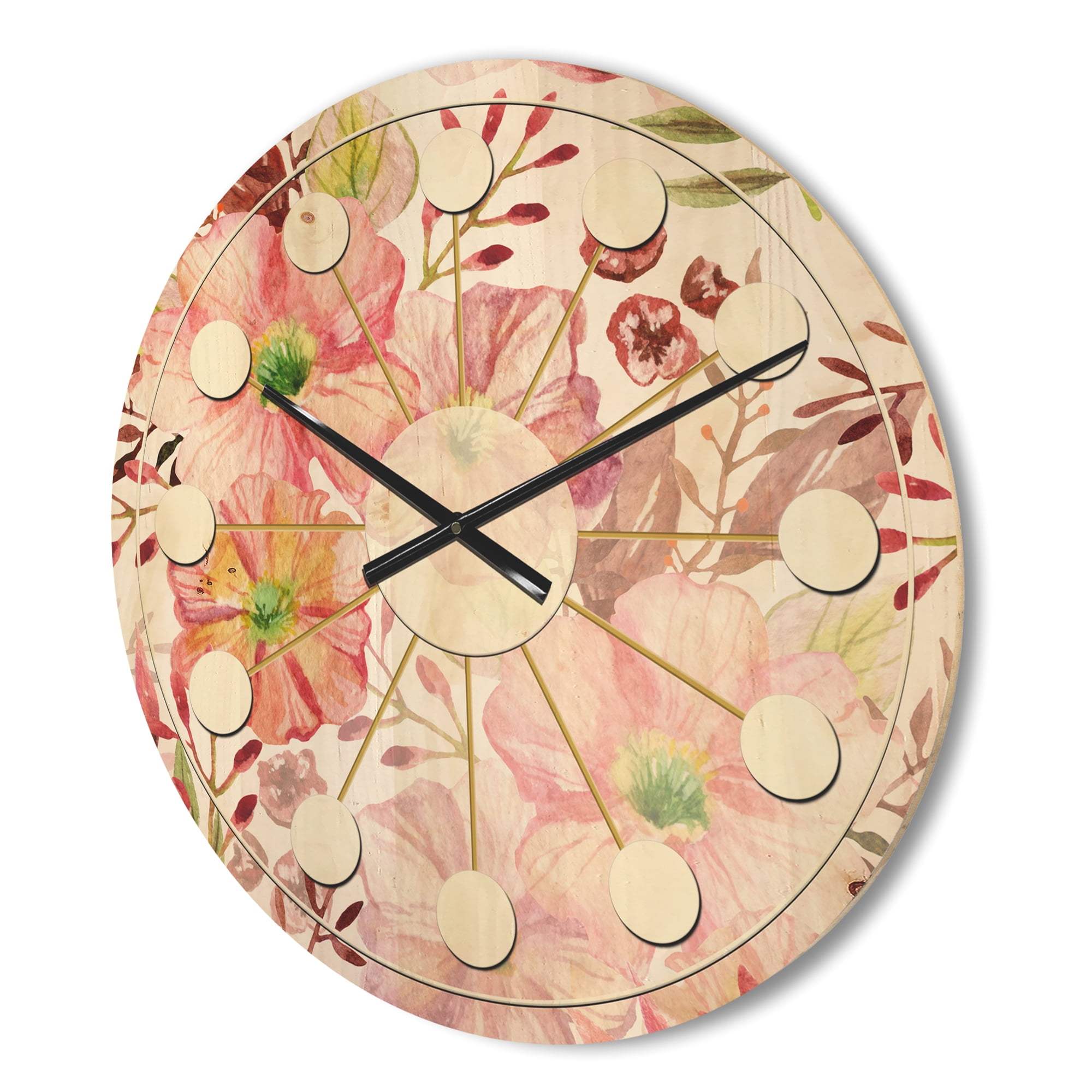 Designart 'Botanical Floral Retro III' Mid-Century Modern Wood Wall Clock