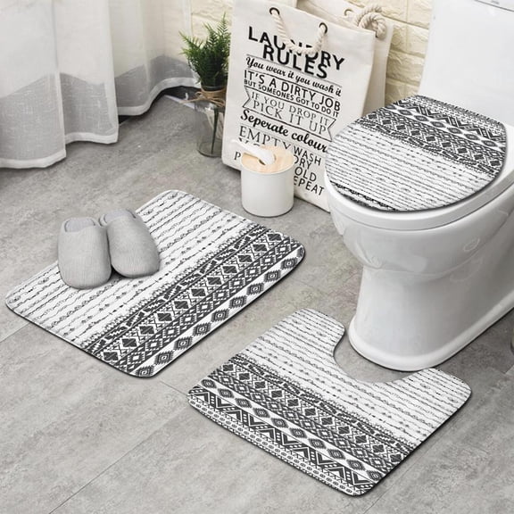 Black Geometric Diamond Striped Pattern Bathroom Rugs Sets 3 Piece,Toilet Cover Set,Absorbent Non Slip Bathroom Mats Sets with U-Shaped Contour Rug Toilet Rug Set