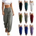 thumbnail image 2 of Barrel Leg Pants for Women Baggy Wide Leg Pants Linen High Waisted Balloon Pants Summer Palazzo Elastic Waist Trousers with Pockets Gray S, 2 of 7