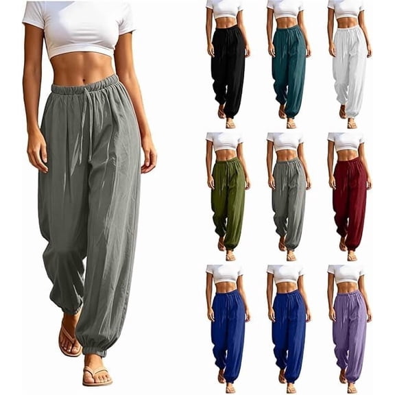 Dwellite Pants for Womens Baggy Cotton Linen Balloon Beach Pants Drawstring Loose Wide Leg Boho Harem Pants with Pockets Gray XL