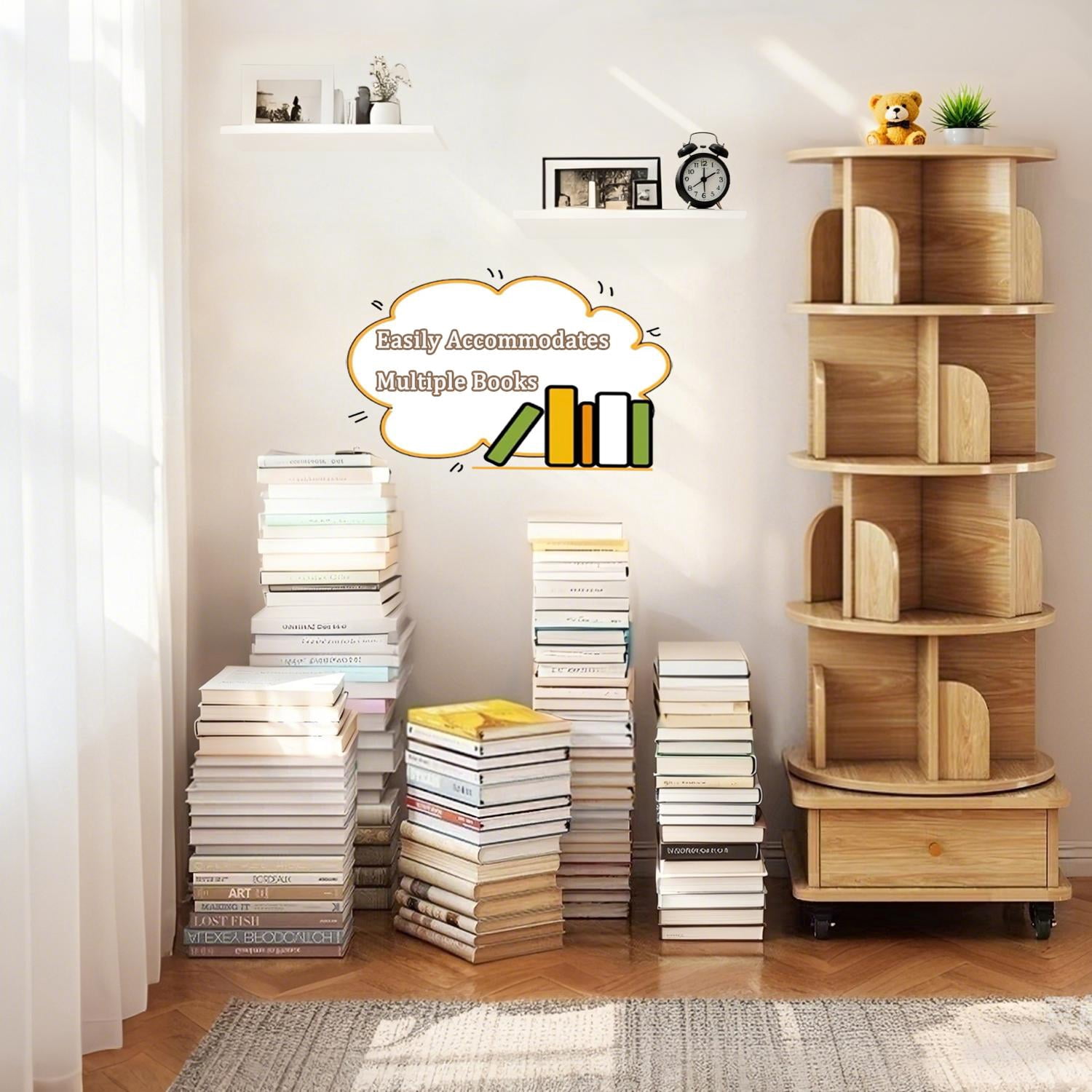 5 Tier Bookcase Storage, 360° Display Round Rotating Bookshelf with Wheels and Drawer forSmall Space, Bedroom, Living Room, Home, Office,Wood Color