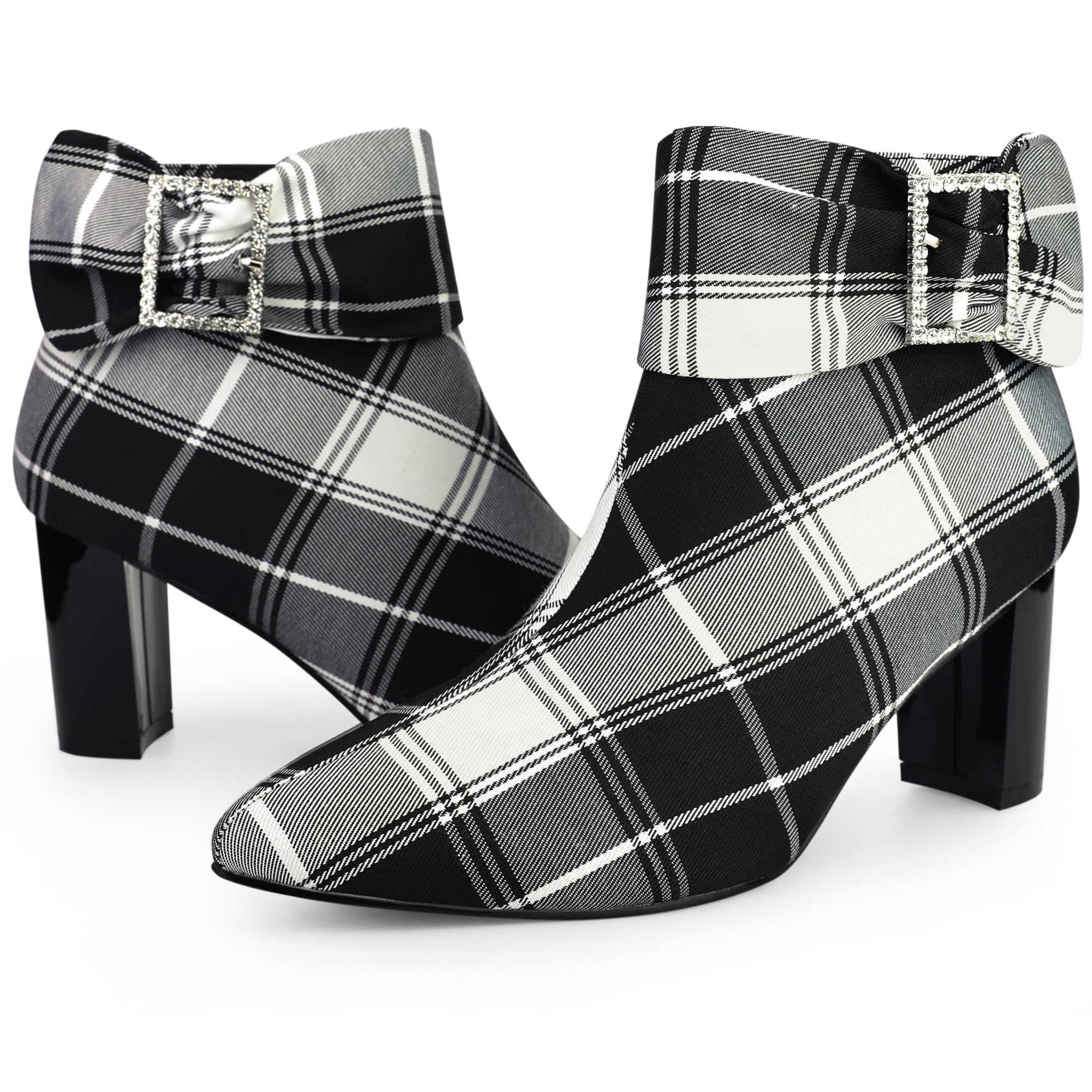 Unique Bargains Plaid Pointy Toe Bow Decor Zipper Chunky Heels Ankle Boots for Women Black 8