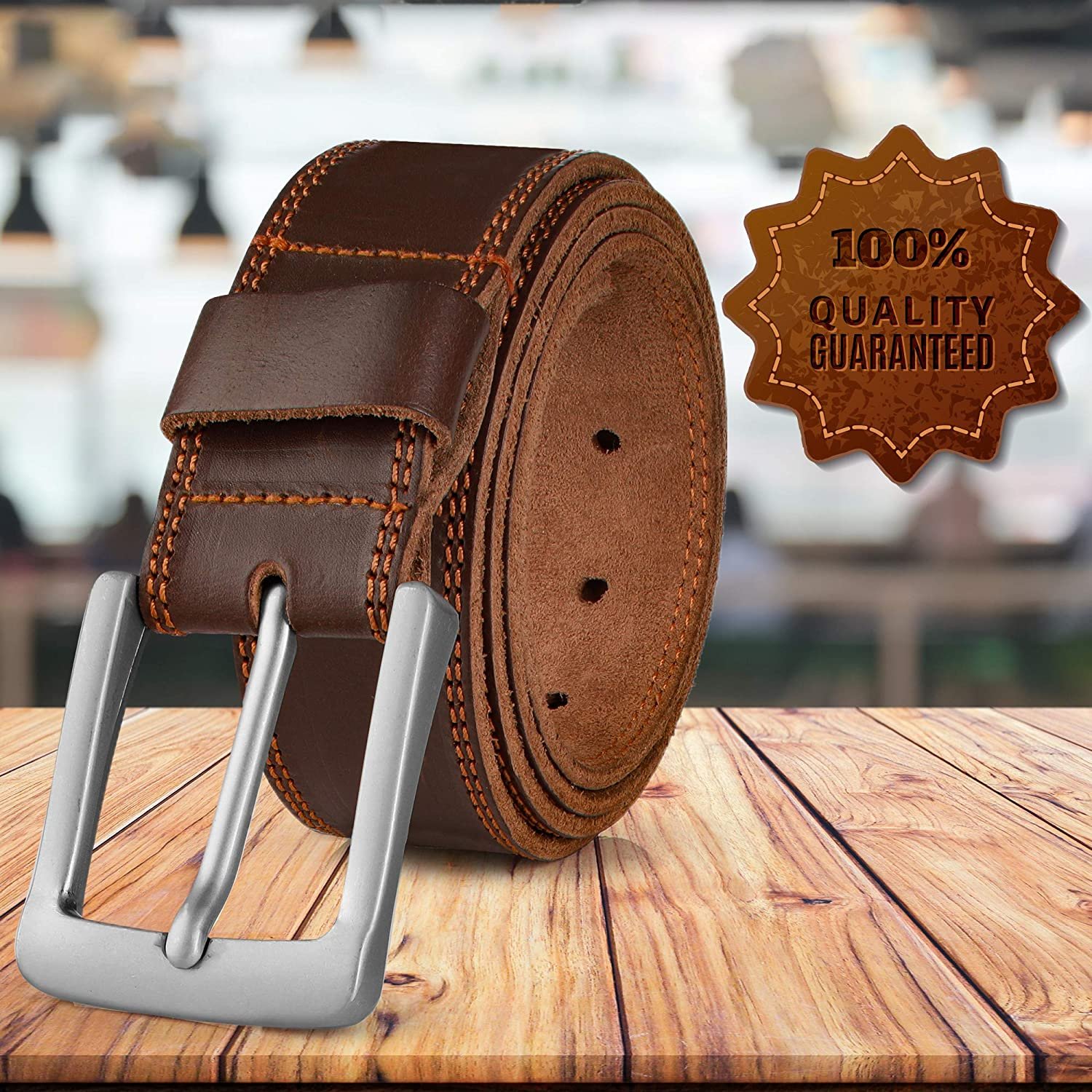 Nabob Leather Men's Leather Belt - Made With Rustic Leather| Two Row Stitching, Handmade In Bourbon Brown Perfect For Jeans (Size 30" (76 cm) - image 3 of 7