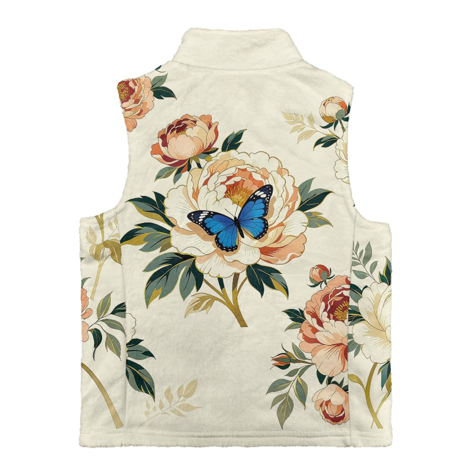 Xoenoiee Butterfly Peony Flower Print Girls Fleece Vest Outerwear Sleeveless Lightweight Zip Jackets Warm Soft Vests with Zipper and Pockets, Size 7-8 Years