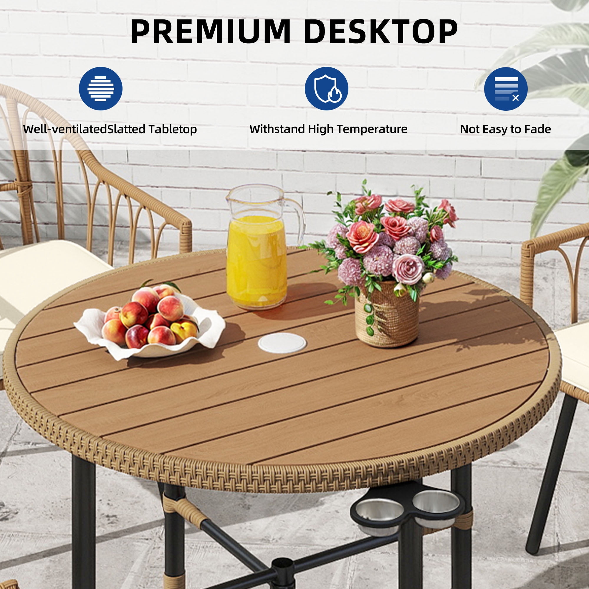 Uforic 5 Pieces Outdoor Patio Dining Table Set, 4 Rattan Wicker Dining Chair and ROUND Dining Table with Umbrella Hole for Garden, Lawn,Patios, Backyard